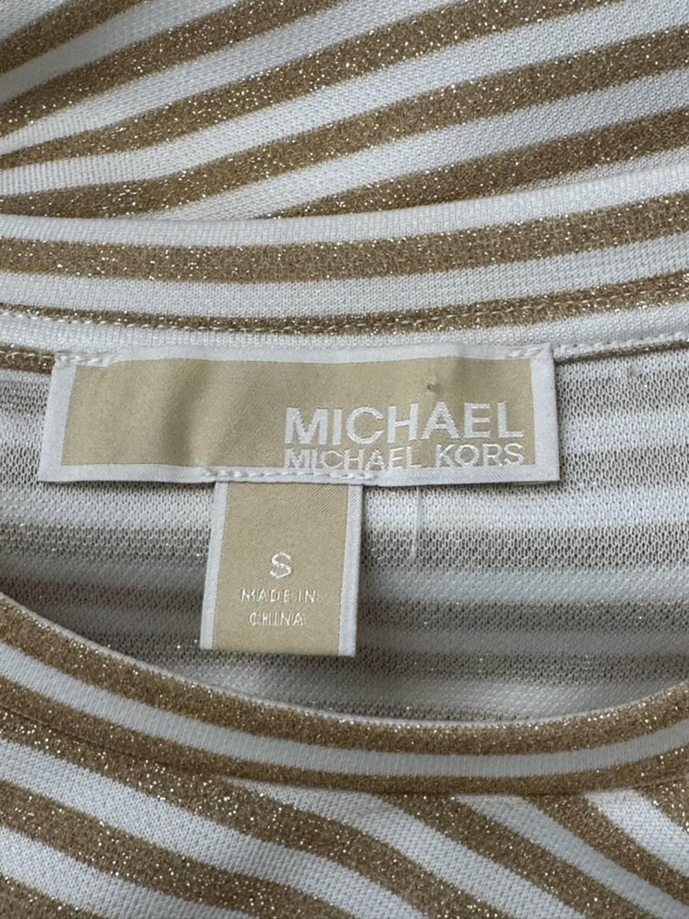 Michael Kors Striped Beige Short Sleeve Ruched Sheath Dress S - Picture 3 of 4